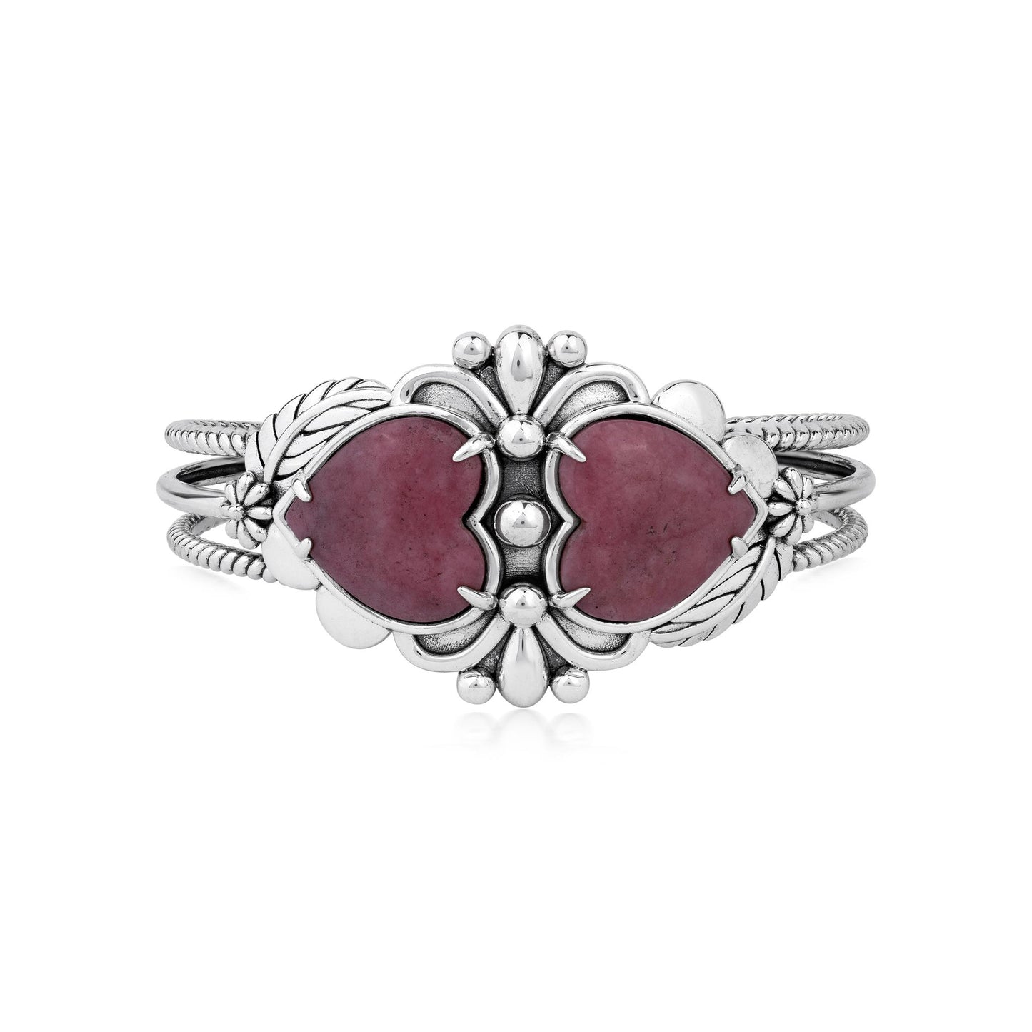 EXCLUSIVELY OURS! Sterling Silver Rhodonite Double Heart Cuff Bracelet, Sizes Small to Large