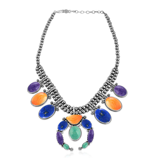 Sterling Silver Mutli-Gemstone Naja Squash Blossom Statement Necklace