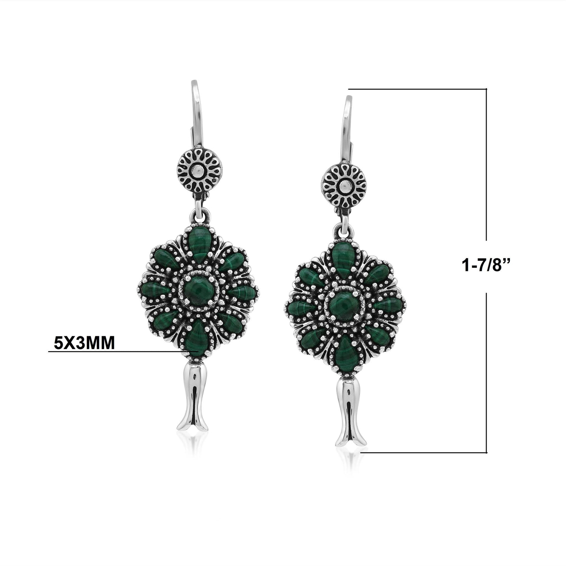  Sterling Silver Malachite Flower Cluster Squash Blossom Earrings