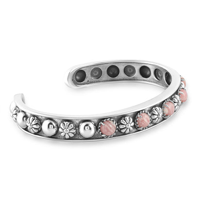 Sterling Silver Rhodochrosite Concha Flower Narrow Cuff Bracelet, Sizes Small to Large