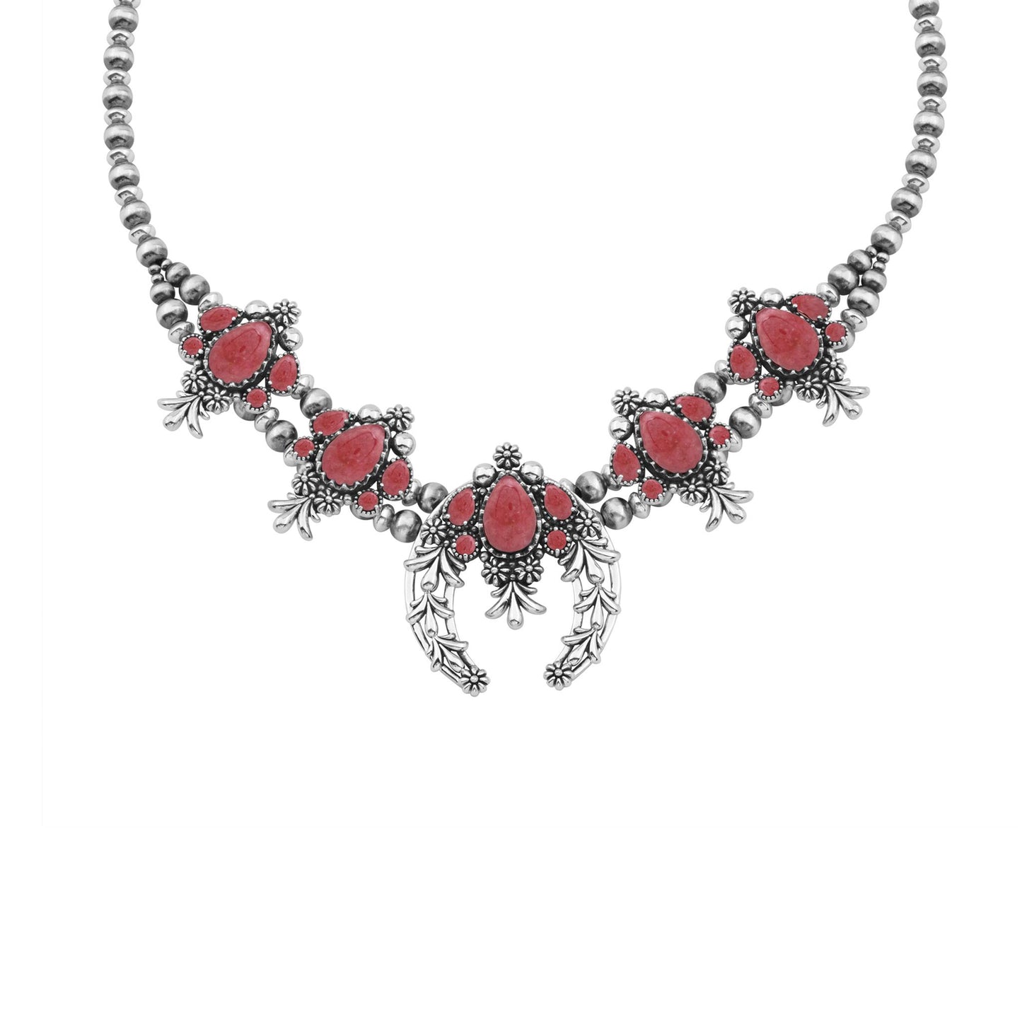 LIMITED EDITION! Sterling Silver Rhodonite Pear Cut Squash Blossom Naja Necklace, 17 to 20 Inches