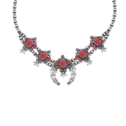 LIMITED EDITION! Sterling Silver Rhodonite Pear Cut Squash Blossom Naja Necklace, 17 to 20 Inches