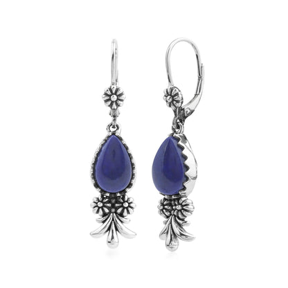 Sterling Silver Lapis Teardrop Concha Squash Blossom Dangle Earrings