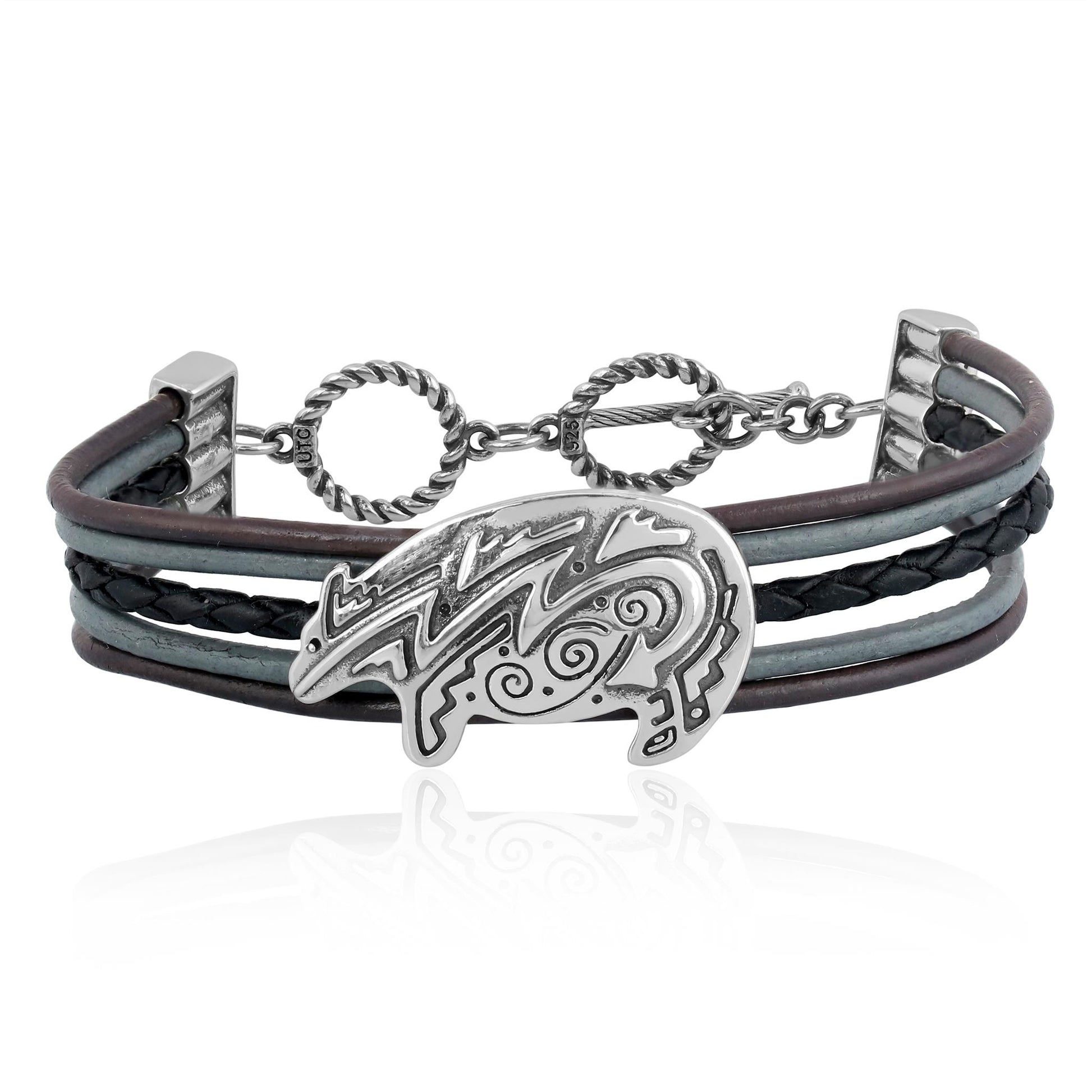 Sterling Silver Bear Design Multicolored Black Leather Toggle Bracelet