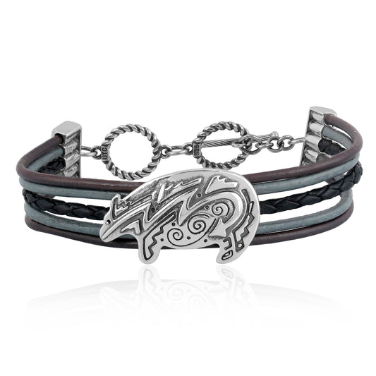 Sterling Silver Bear Design Multicolored Black Leather Toggle Bracelet