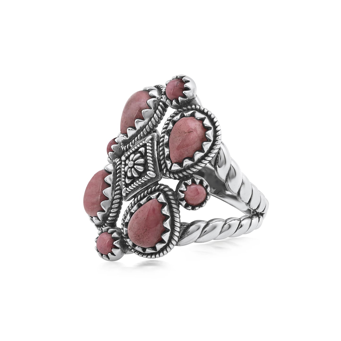 Sterling Silver Rhodonite 4 Pear and Round Cut Cluster Ring