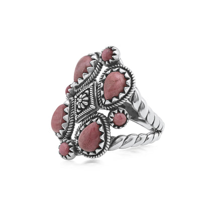 Sterling Silver Rhodonite 4 Pear and Round Cut Cluster Ring