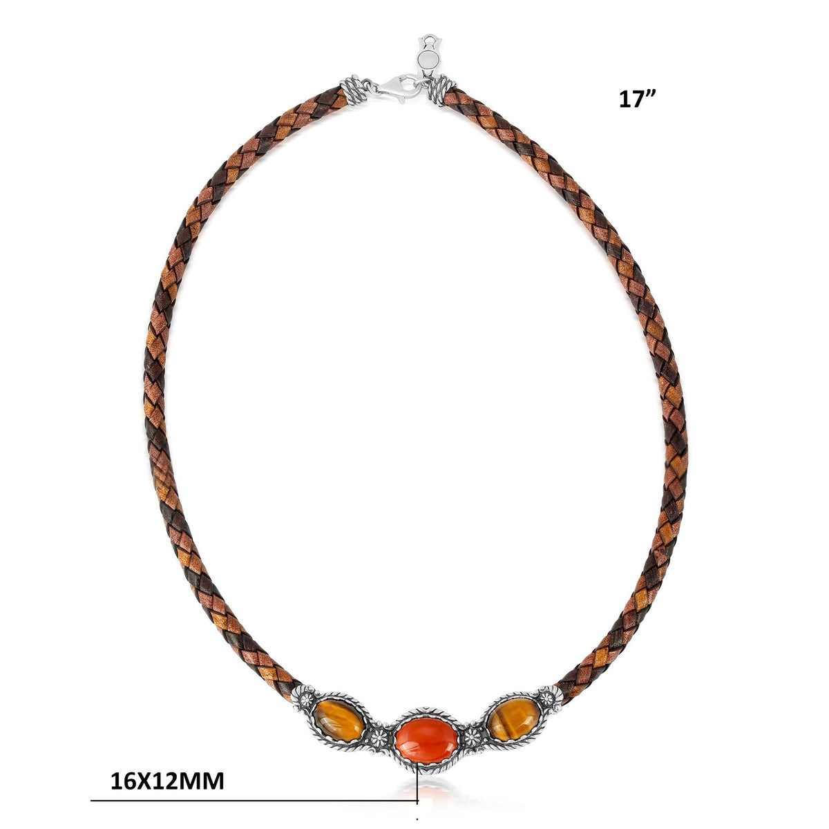 Sterling Silver Red Jasper and Tiger's Eye Brown Tonal Braided Leather 3-Stone Necklace