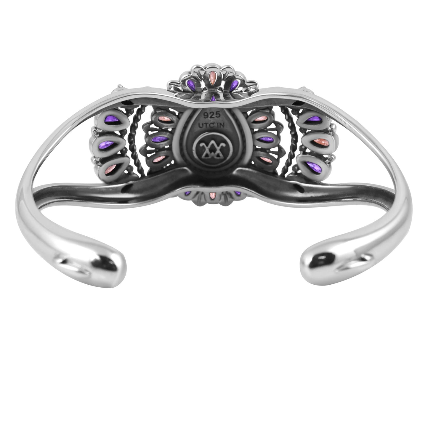 Sterling Silver Phosphosiderite, Rhodochrosite and Amethyst Pear-Shaped Cluster Cuff Bracelet