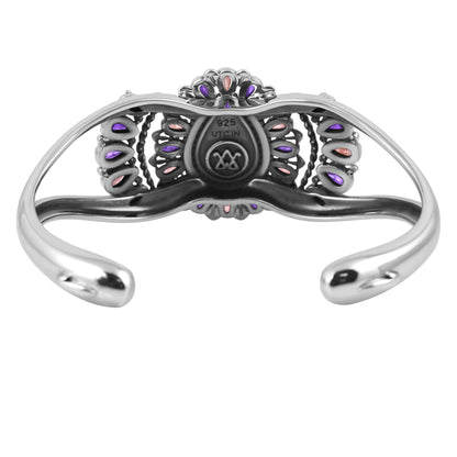 Sterling Silver Phosphosiderite, Rhodochrosite and Amethyst Pear-Shaped Cluster Cuff Bracelet