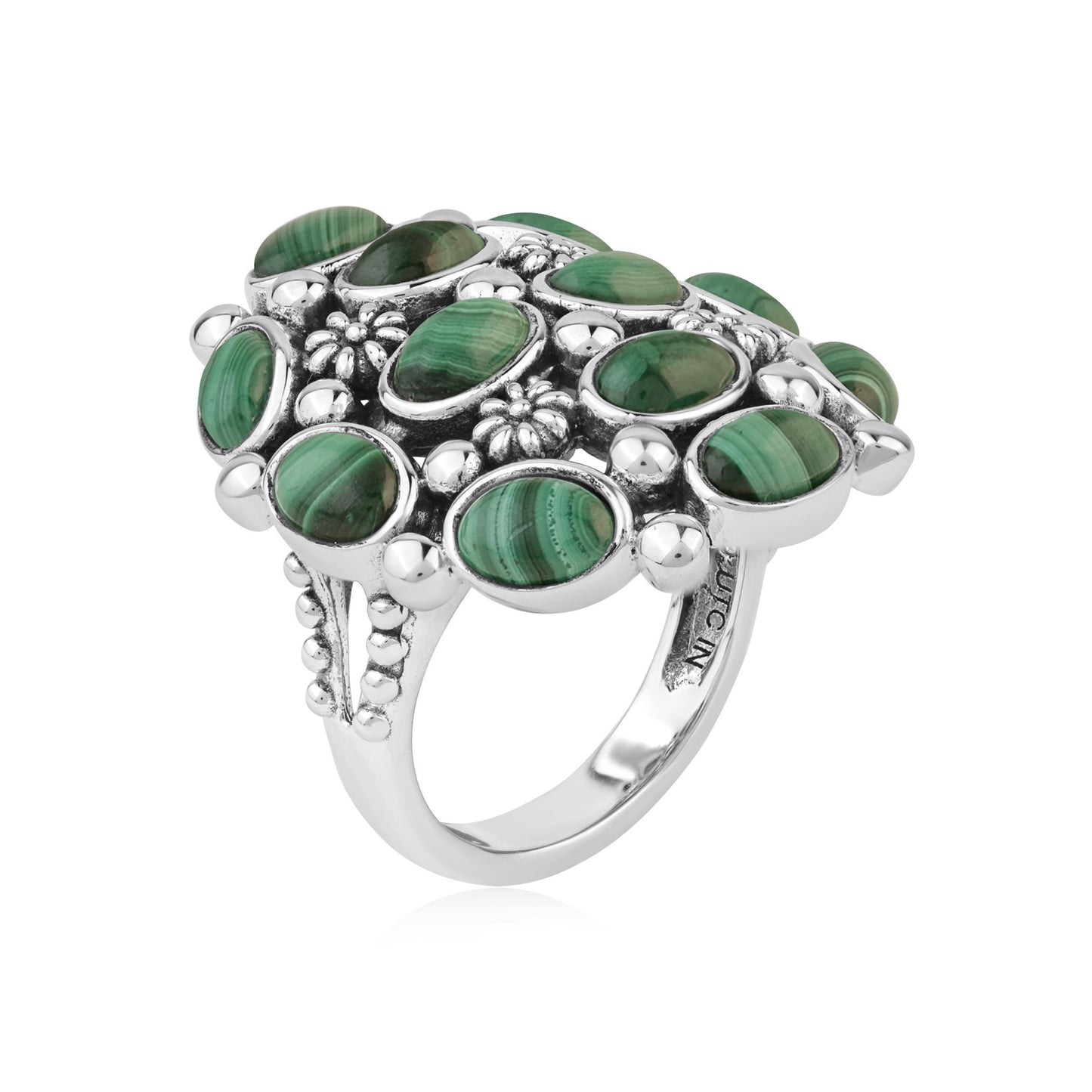  Sterling Silver Malachite Oval 12-Stone Cluster Ring