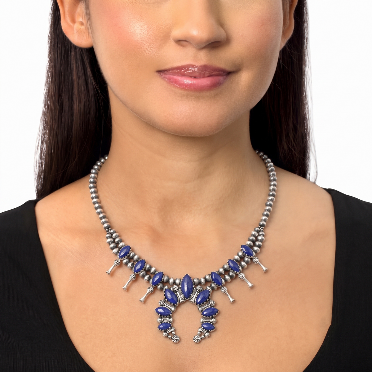 Sterling Silver Lapis Marquise-Cut Squash Blossom Necklace, 17 to 20 Inches