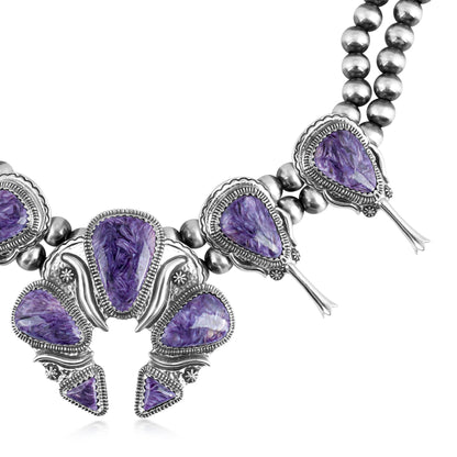 EXCLUSIVELY OURS! Sterling Silver Charoite Large Naja Squash Blossom Necklace, 21 to 24 Inches