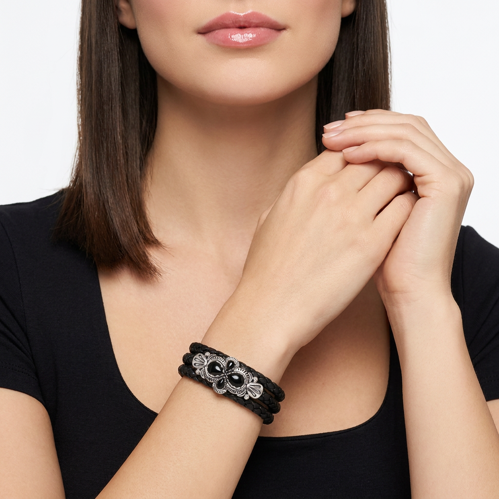  Sterling Silver Black Onyx Pear Cluster Black Leather Wrap Bracelet 