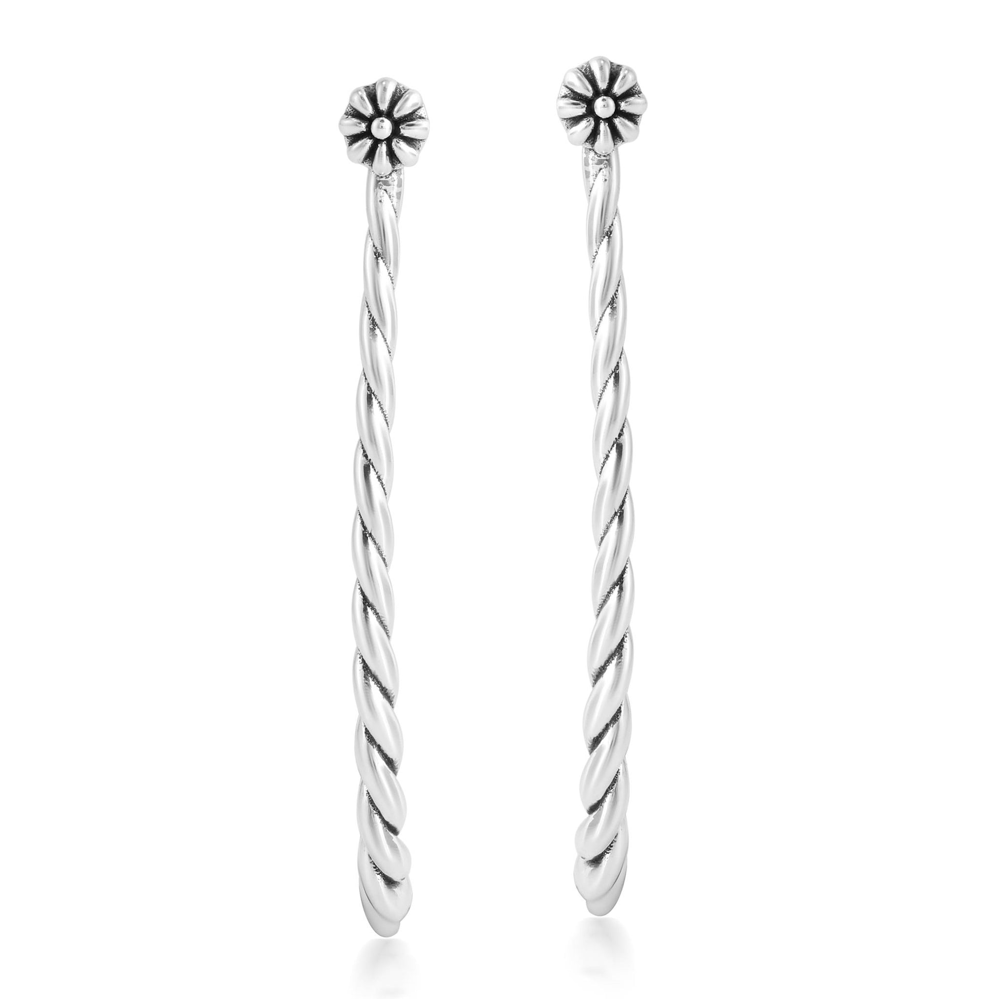 Sterling Silver Elongated Oval Rope Textured Hoop Earrings