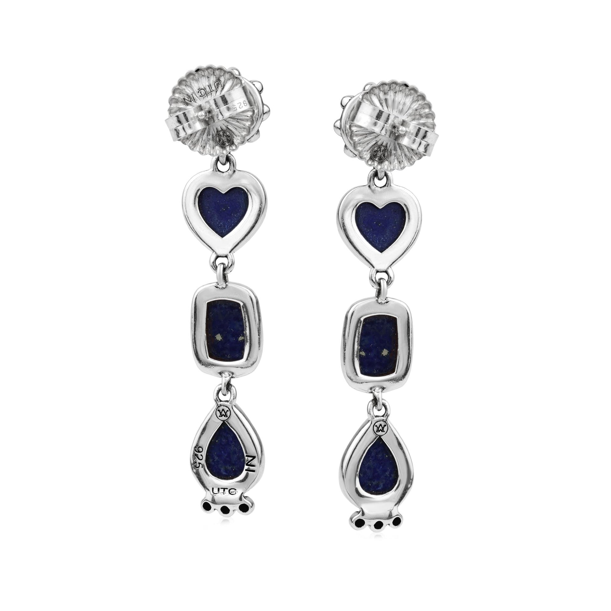 Sterling Silver Lapis Gemstone Heart, Rectangle and Pear Concha Post Dangle Earrings 