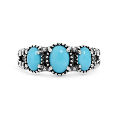 Sterling Silver Women's Ring Three Oval-shaped Blue Turquoise Gemstone 5 to 10