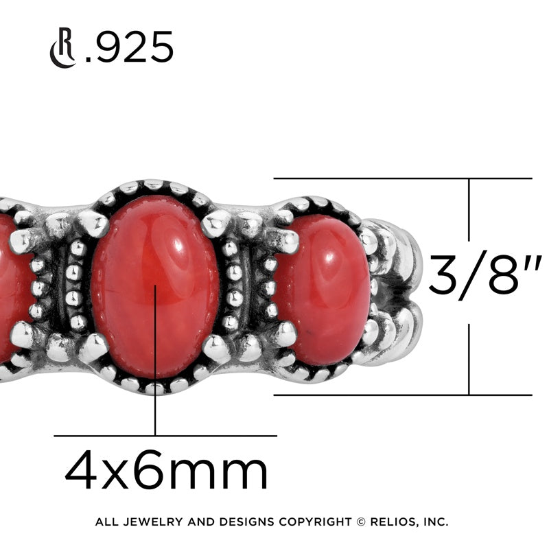 Sterling Silver Three Oval-shaped Red Coral Gemstone Ring Sizes 5 to 10