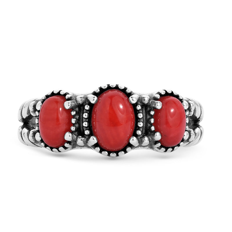 Sterling Silver Three Oval-shaped Red Coral Gemstone Ring Sizes 5 to 10