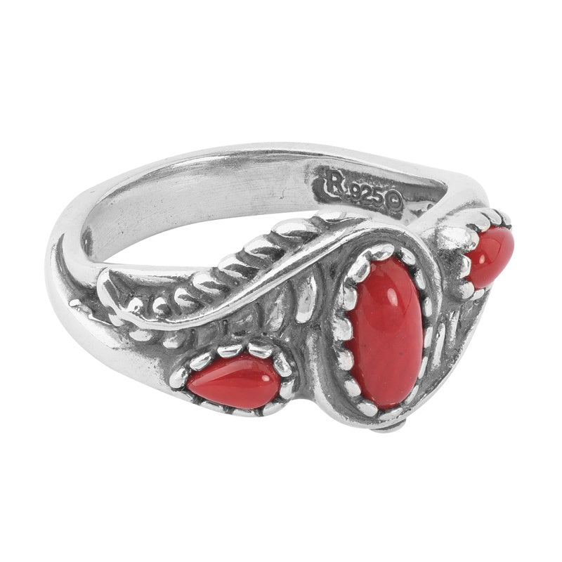 Sterling Silver Red Coral Gemstone Leaf Rosette Design 3-Stone Ring Size 5 to 10