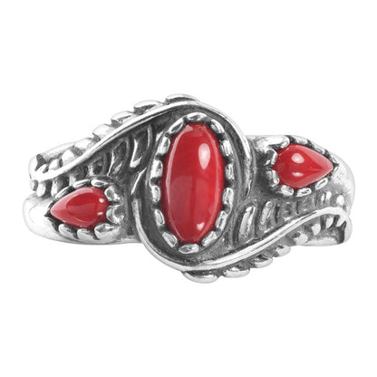 Sterling Silver Red Coral Gemstone Leaf Rosette Design 3-Stone Ring Size 5 to 10