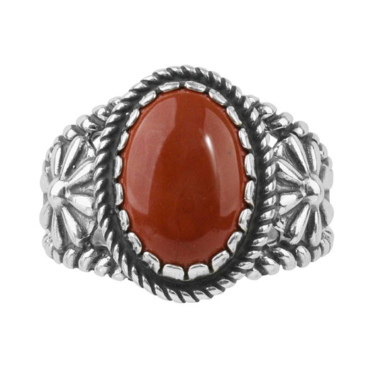 Sterling Silver Red Jasper Concha Flower Ring, Sizes 5 to 10