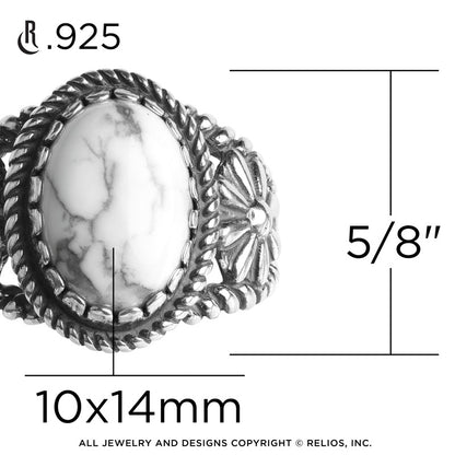 Sterling Silver Women's Ring Oval-shaped White Howlite Gemstone Concha Flower Sizes 5 to 10