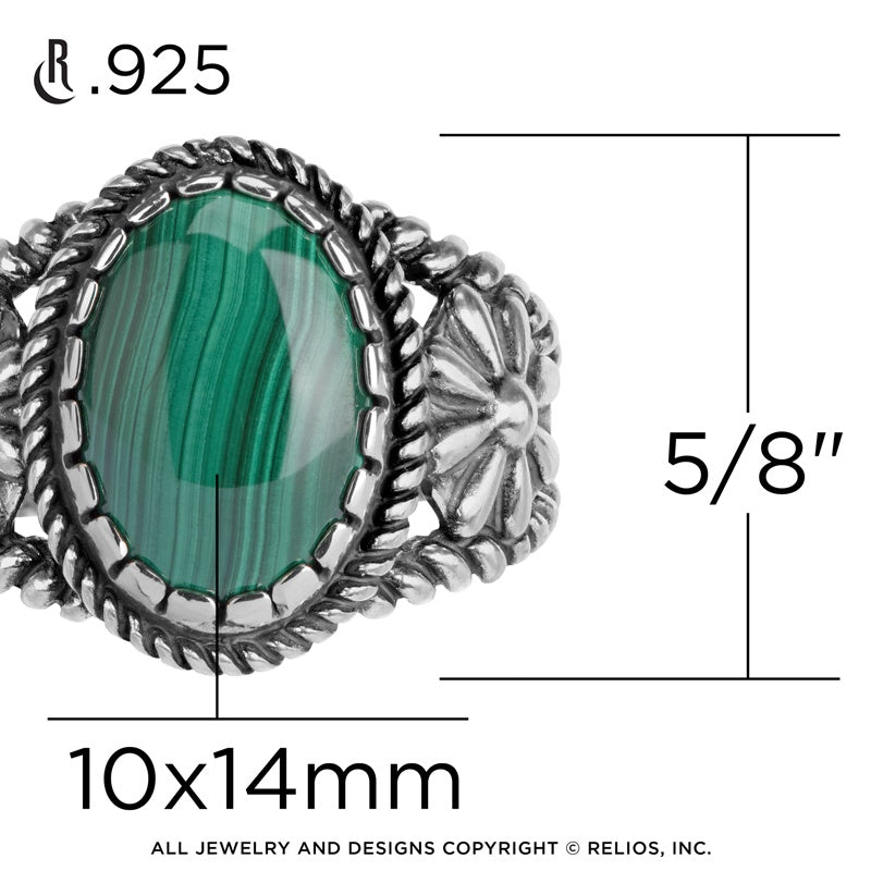 Sterling Silver Women's Ring Green Malachite Gemstone Concha