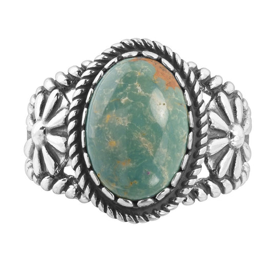 Sterling Silver Green Turquoise Gemstone Floral Rope  Concha Ring, Sizes 5 to 10