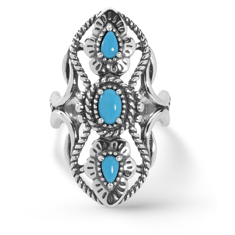 Sterling Silver Sleeping Beauty Turquoise Gemstone 3-Stone Elongated Ring Size 5 to 10