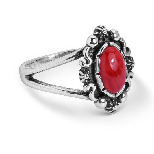 Sterling Silver Red Coral Gemstone Oval Ring