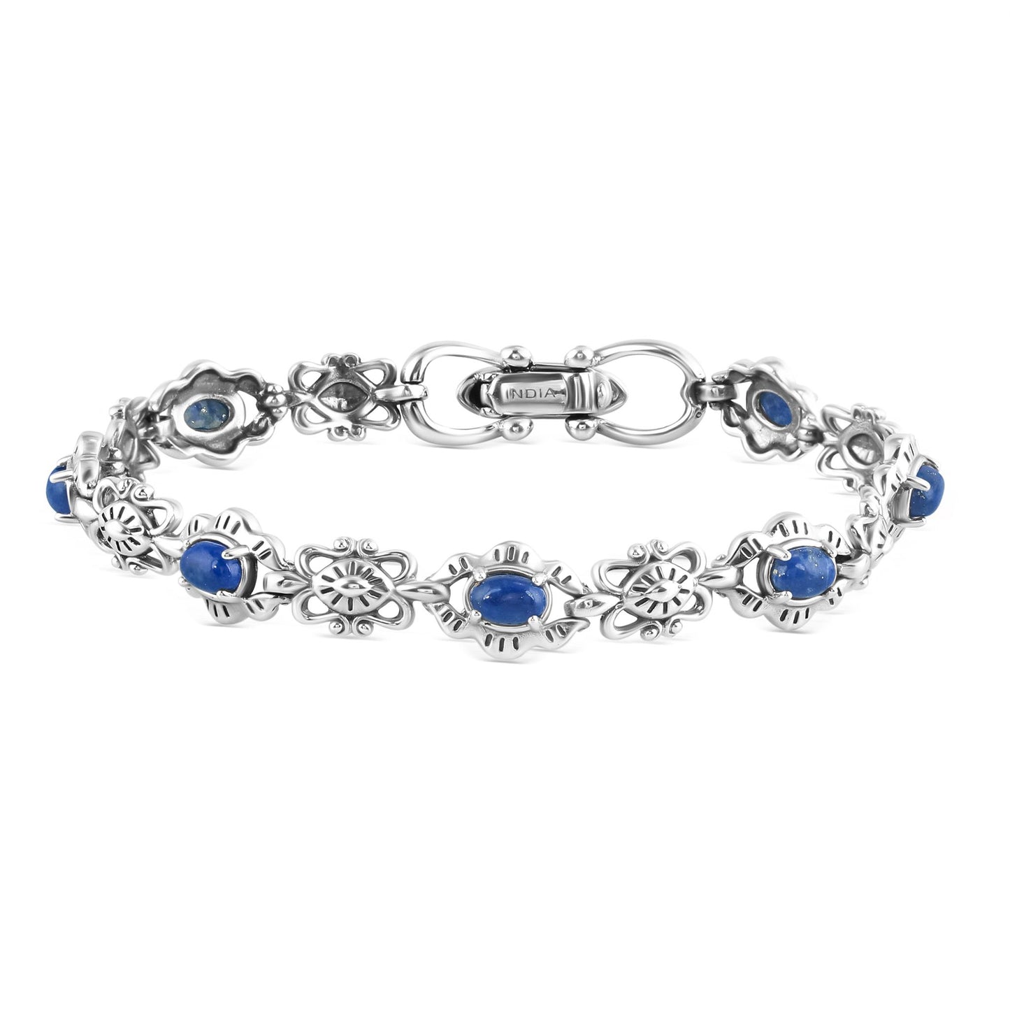 Sterling Silver Lapis Gemstone Concha Link Bracelet, Sizes Small to Large