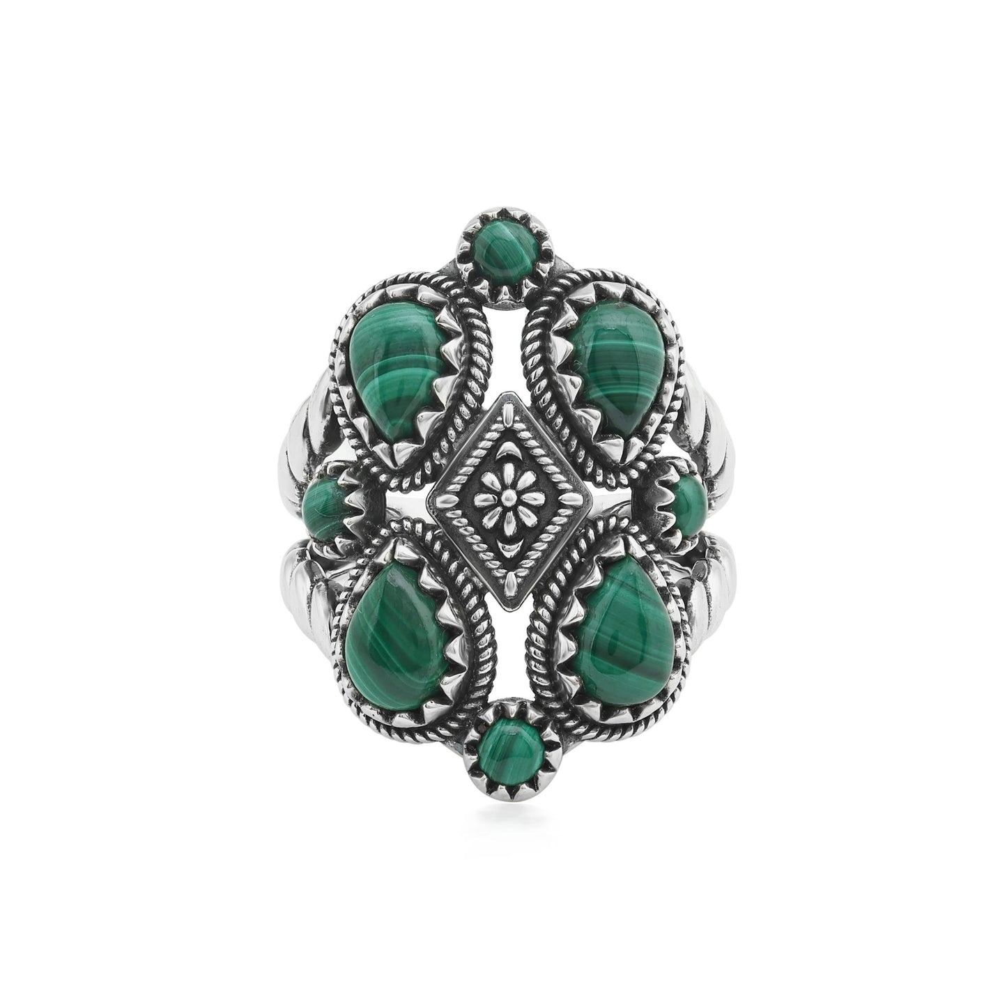 Sterling Silver Malachite 4 Pear and Round Cut Cluster Ring