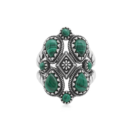 Sterling Silver Malachite 4 Pear and Round Cut Cluster Ring