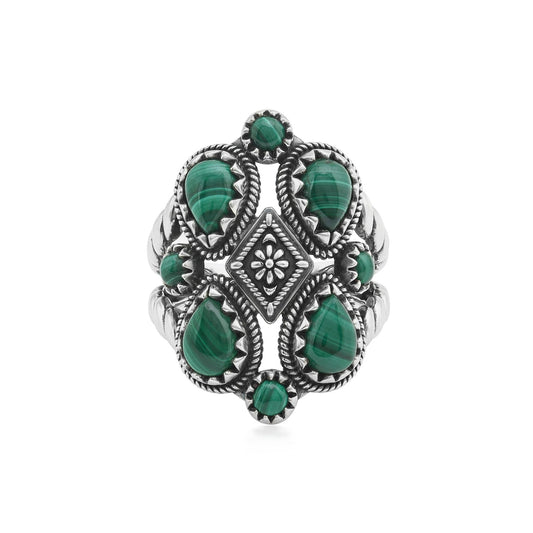 Sterling Silver Malachite 4 Pear and Round Cut Cluster Ring