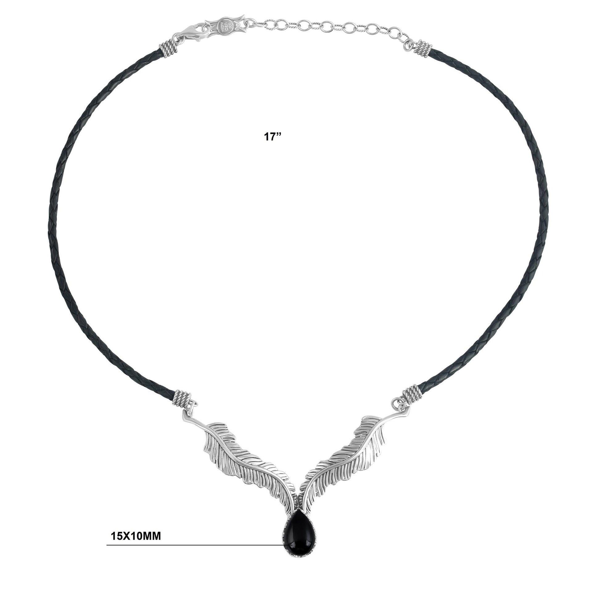 Sterling Silver Black Onyx Black Leather Feather Design Necklace