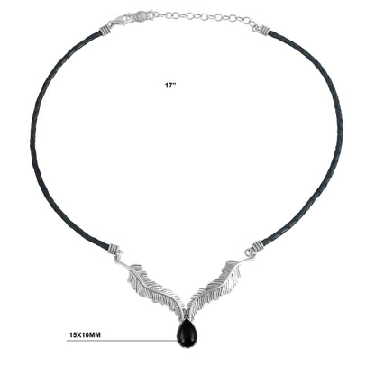 Sterling Silver Black Onyx Black Leather Feather Design Necklace