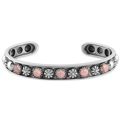 Sterling Silver Rhodochrosite Concha Flower Narrow Cuff Bracelet, Sizes Small to Large