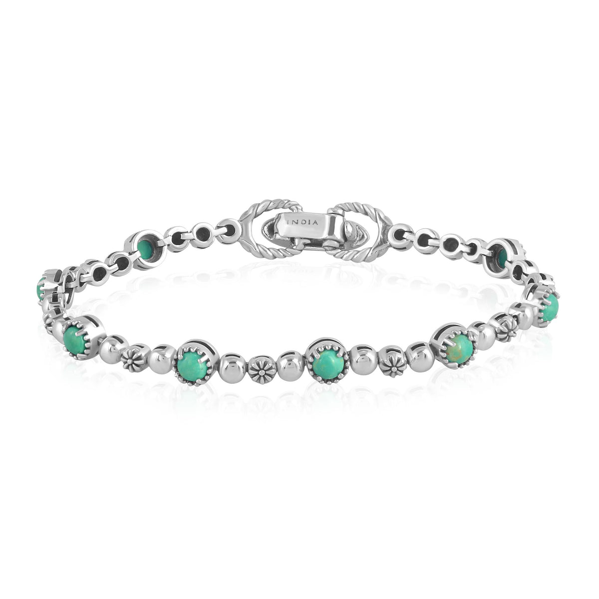 Sterling Silver Green Turquoise Round Beaded Bracelet, Sizes Small to Large