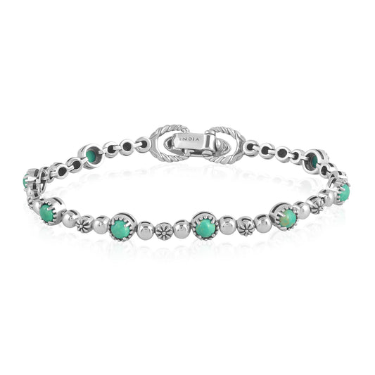 Sterling Silver Green Turquoise Round Beaded Bracelet, Sizes Small to Large