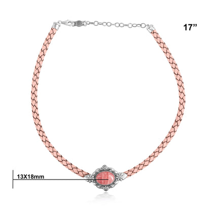 Sterling Silver Rhodochrosite Pink Braided Leather Necklace, 17 to 20 Inches