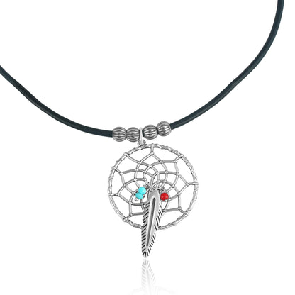 Sterling Silver Kingman Turquoise and Red Coral Brown Leather Dreamcatcher Necklace