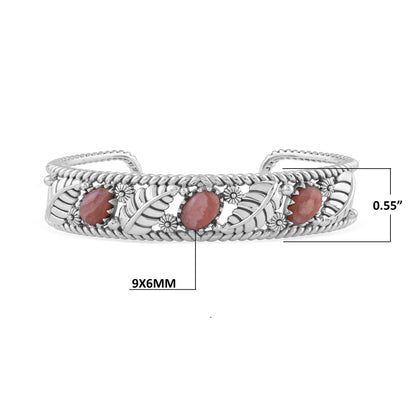 Sterling Silver Rhodochrosite Oval and Pear Leaf Cuff Bracelet