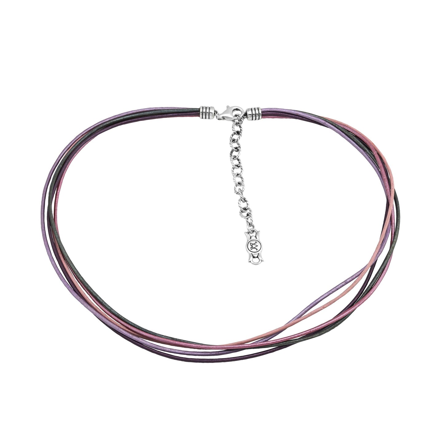 Sterling Silver Pink Leather 5 Strand Necklace, 17 to 20 Inches