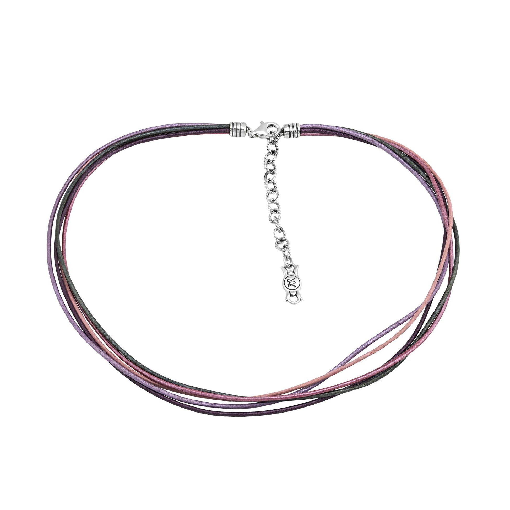Sterling Silver Pink Leather 5 Strand Necklace, 17 to 20 Inches