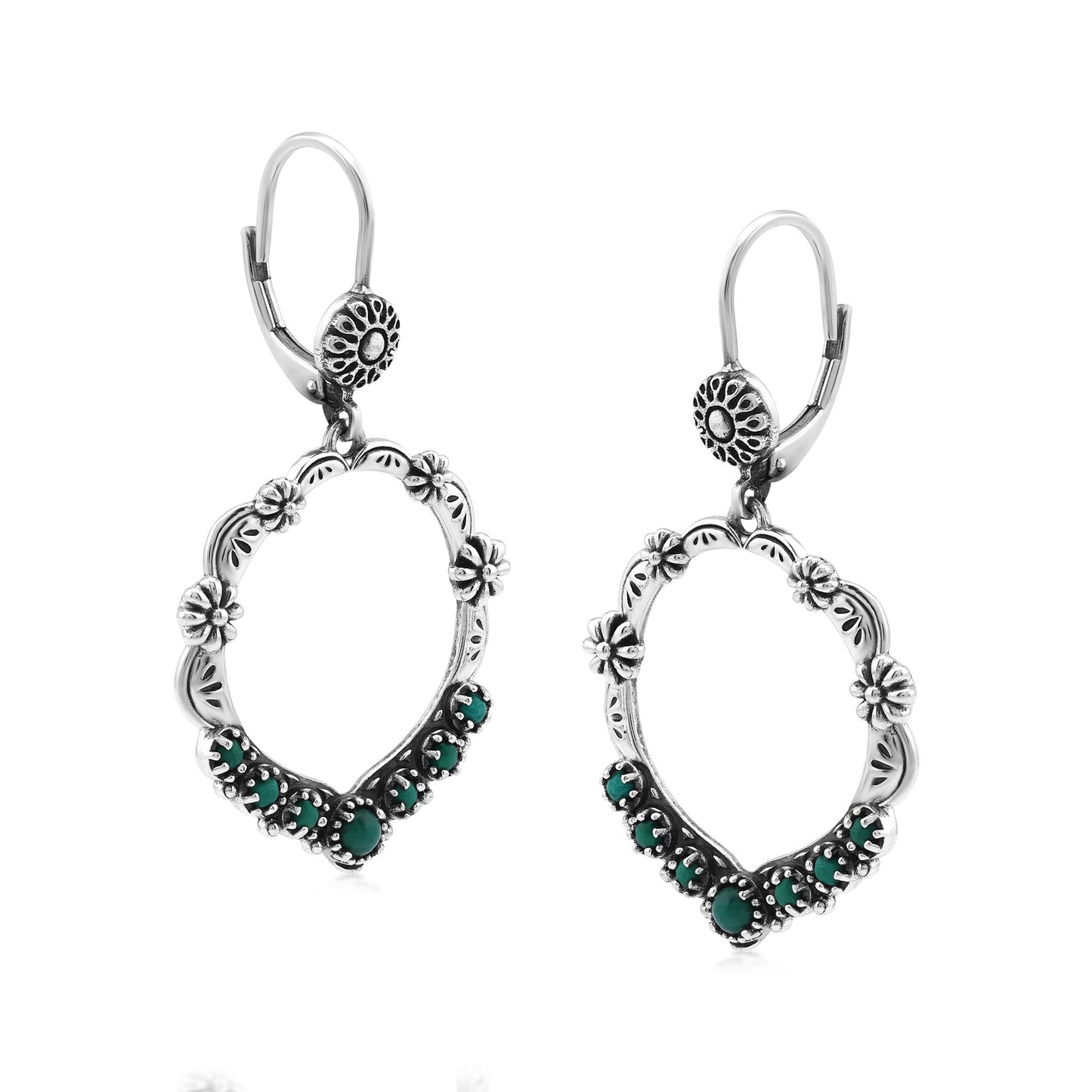 Sterling Silver Malachite Open Hoop Concha Lever Back Earrings