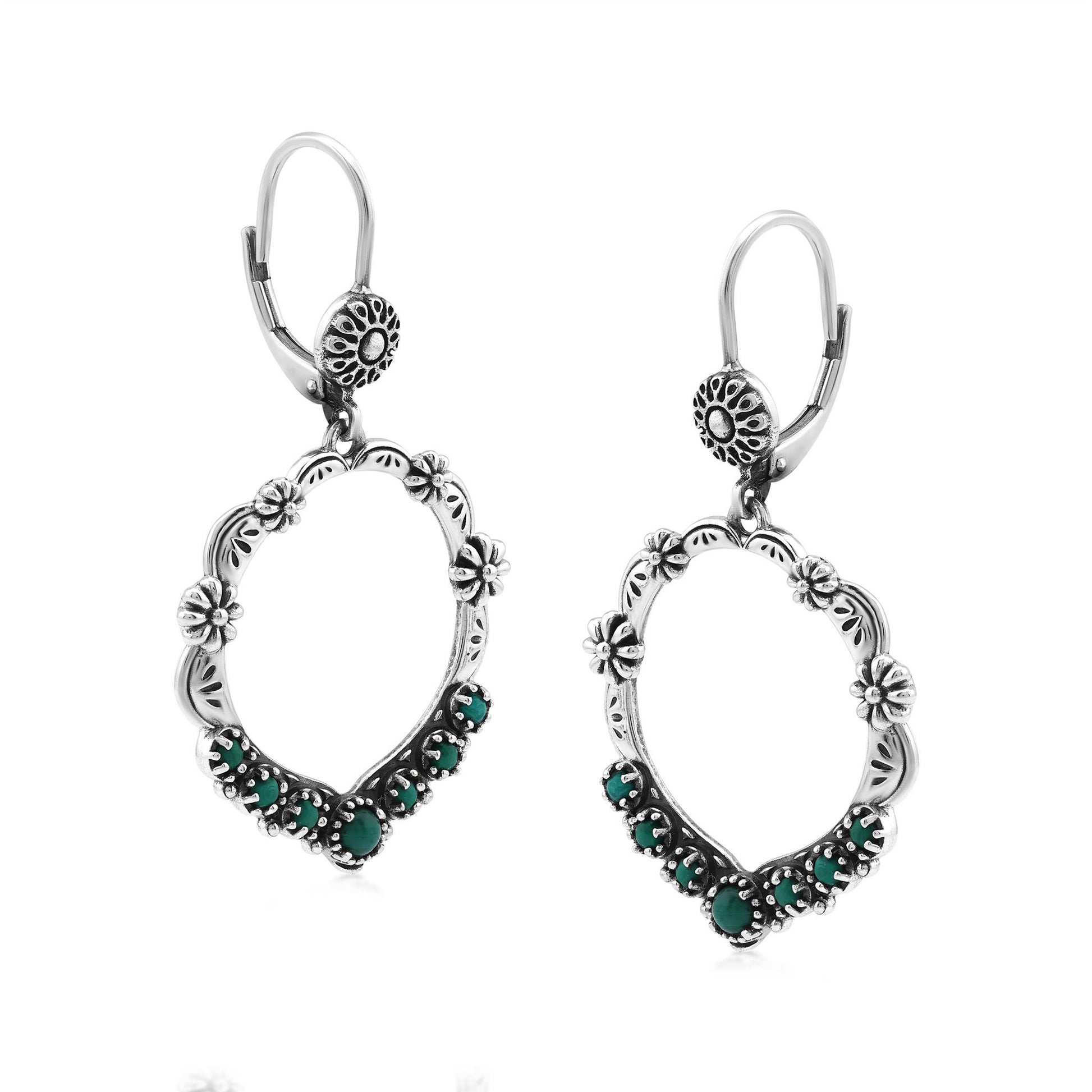 Sterling Silver Malachite Open Hoop Concha Lever Back Earrings