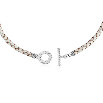 Sterling Silver Braided White Leather Toggle Necklace