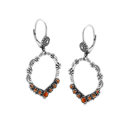 Sterling Silver Orange Spiny Oyster Open Hoop Concha Lever Back Earrings