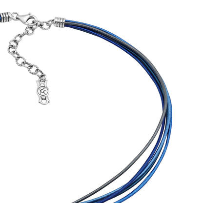 Sterling Silver Blue Leather 5 Strand Necklace, 17 to 20 Inches